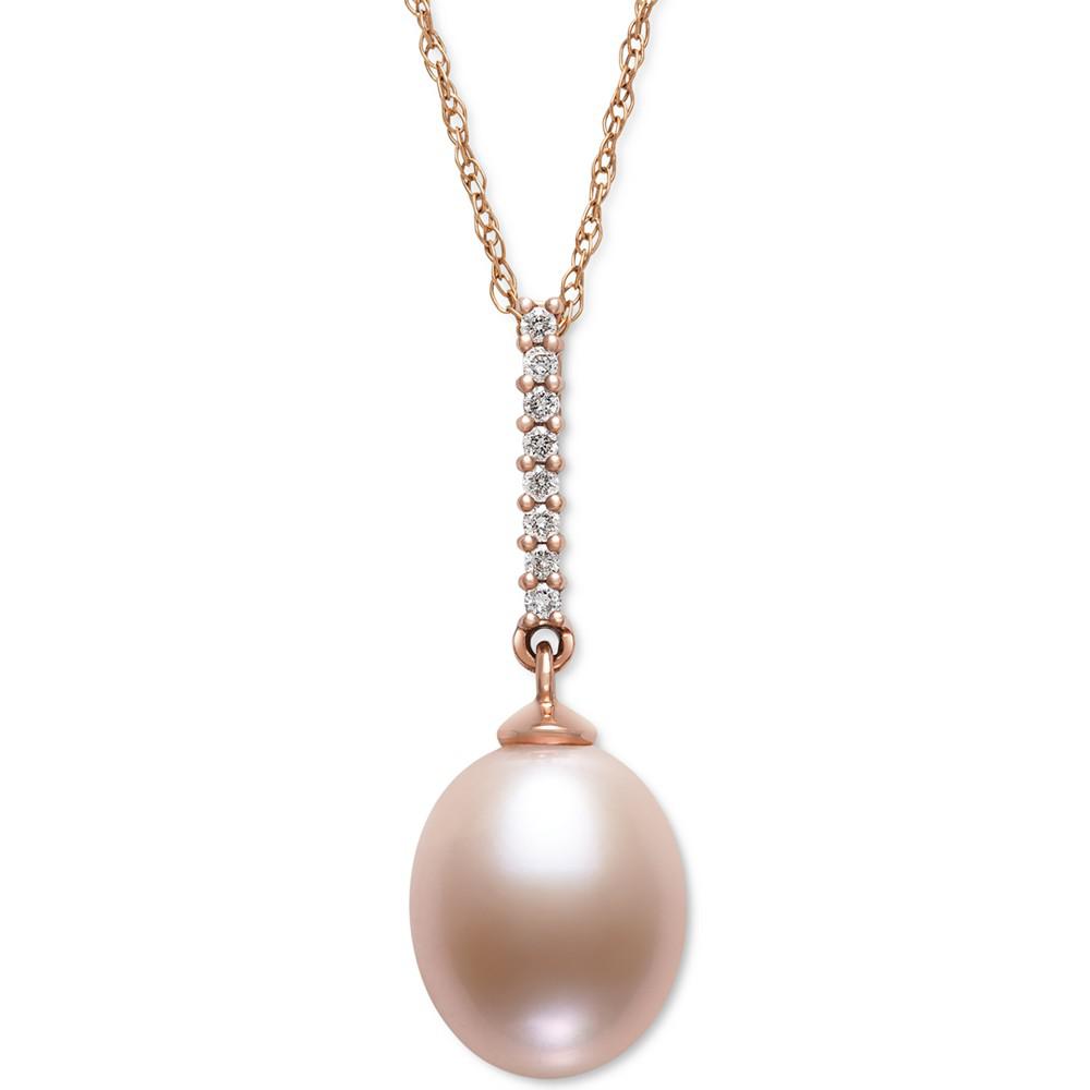 Pink Cultured Freshwater Pearl (8-9mm) & Diamond (1/20 ct. t.w.) 18" Pendant Necklace in 14k Rose Gold, Created for Macy's商品第1张图片规格展示