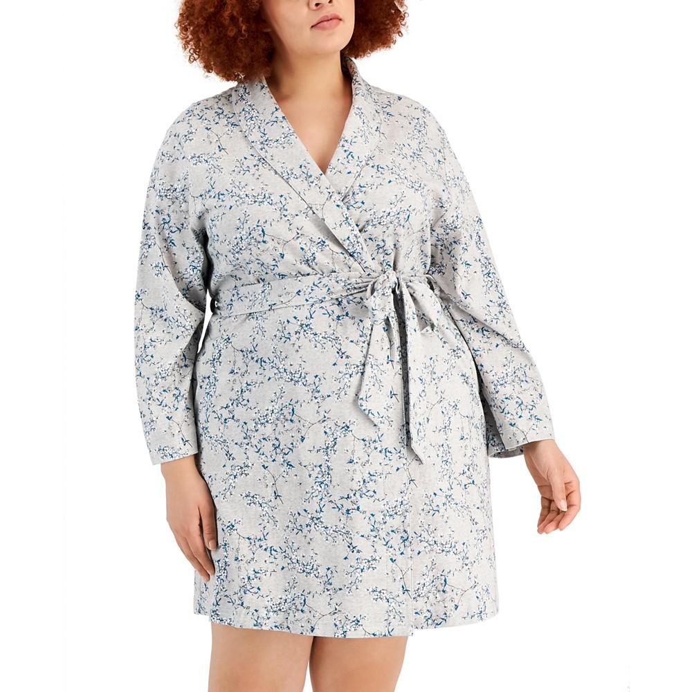 Plus Size Printed Short Cotton Wrap Robe, Created for Macy's商品第3张图片规格展示