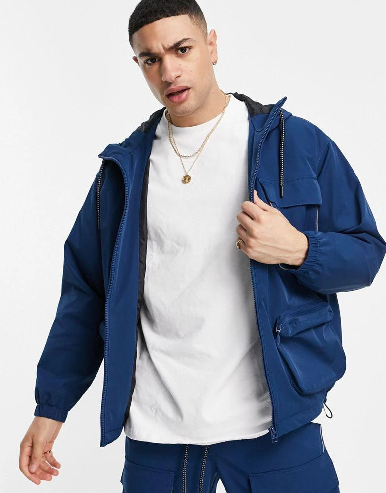 商品Topman|Topman hooded technical nylon jacket in blue co-ord,价格¥317,第1张图片