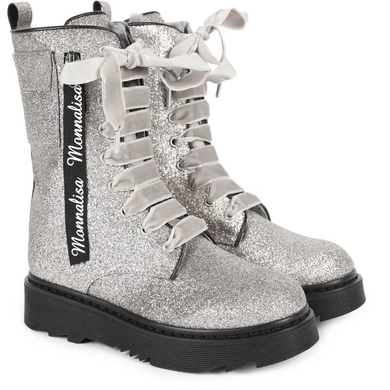 商品MONNALISA|Glittery logo boots with rich lacing in silver,价格¥2459,第1张图片