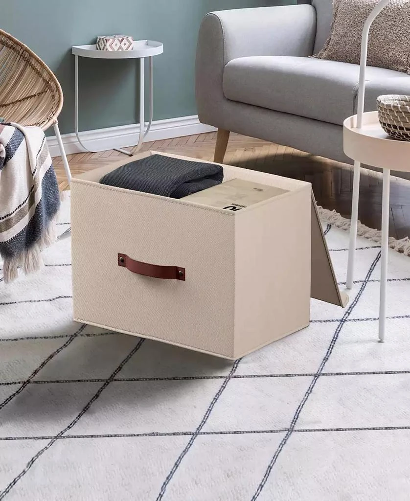 商品Ornavo Home|Foldable Linen XLarge Storage Bin with Leather Handles and Lid - Set of 3,价格¥229,第4张图片详细描述