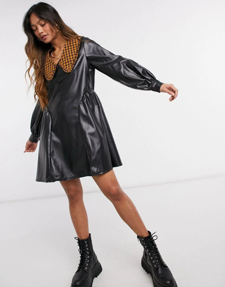 商品ASOS|ASOS DESIGN check collar leather look mini dress in black,价格¥133,第1张图片