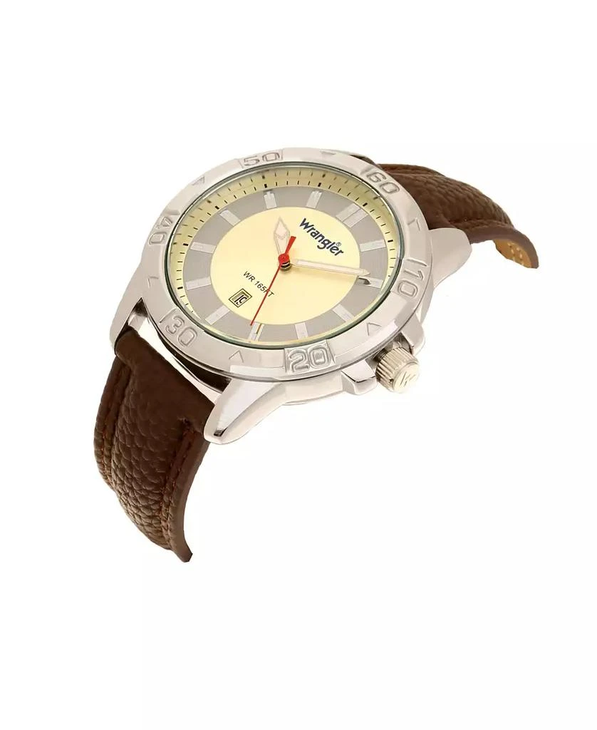 商品Wrangler|Men's Watch, 46MM Silver Colored Case with Embossed Arabic Numerals on Bezel, Ivory Sunray Dial, Silver Index Markers, Analog, Brown Strap,价格¥425,第2张图片详细描述