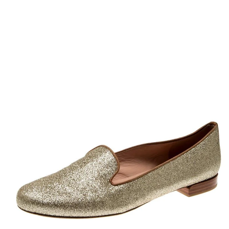 商品[二手商品] Stuart Weitzman|Stuart Weitzman Metallic Gold Glitter Smoking Slippers Size 37.5,价格¥758,第1张图片