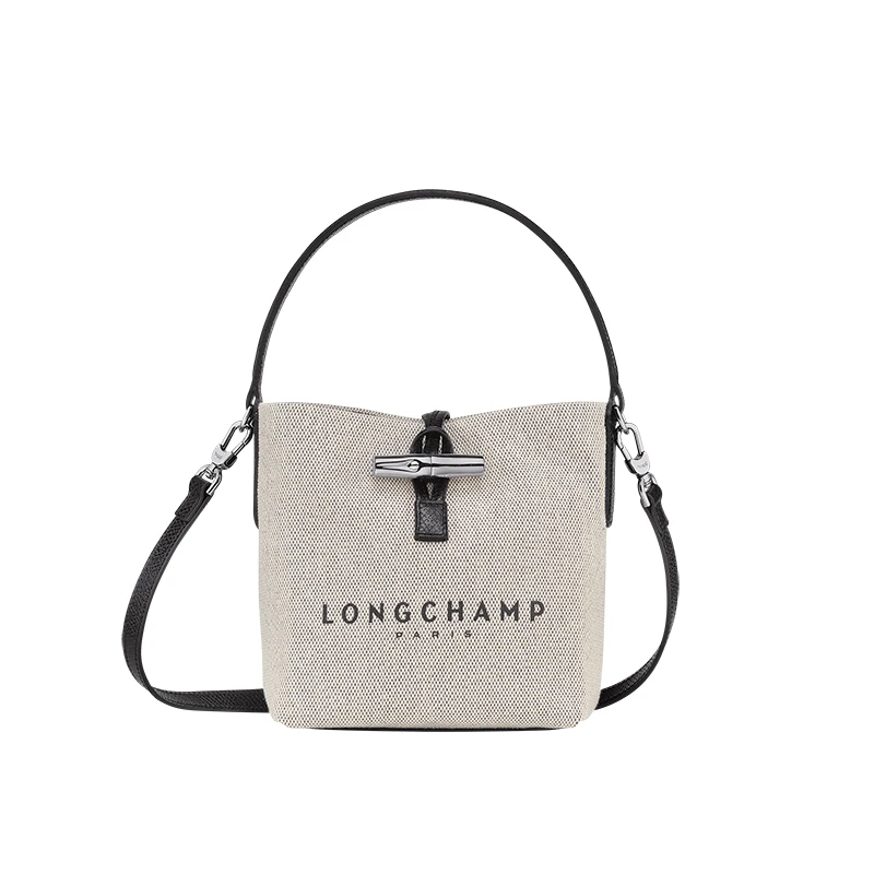 商品Longchamp|珑骧 女士米色棉/帆布混纺饰有LOGO字母银色五金搭扣开合可拆卸肩带水桶包,价格¥2826,第1张图片