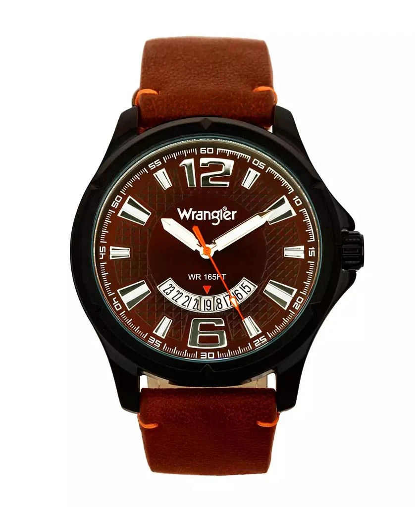 商品Wrangler|Men's Watch, 48MM IP Black Case, Brown Zoned Dial with White Markers and Crescent Cutout Date Function, Brown Strap with Red Accent Stitch Analog, Red Second Hand,价格¥463,第1张图片