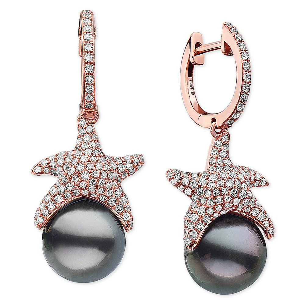 商品Effy|EFFY® Cultured Black Tahitian Pearl (9-1/2mm) & Diamond (3/4 ct. t.w.) Starfish Dangle Drop Earrings in 14k Rose Gold,价格¥10605,第1张图片