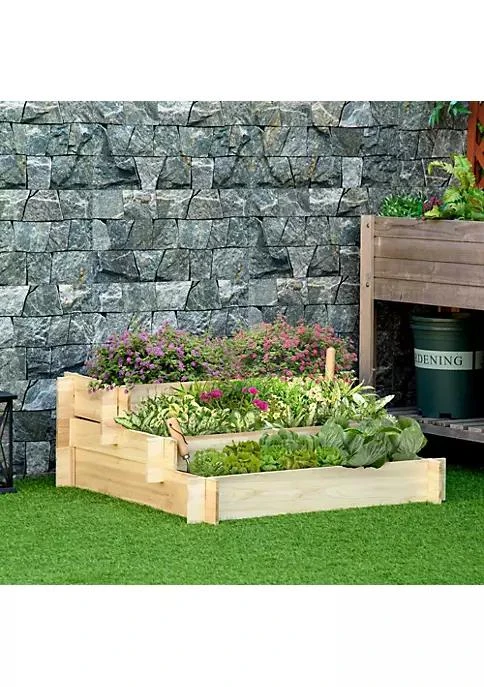 商品Outsunny|3 Tier Wood Raised Garden Bed With Non Woven Fabric Inside Elevated Planting Box Outdoor Vegetable Flower Container Natural,价格¥690,第3张图片详细描述