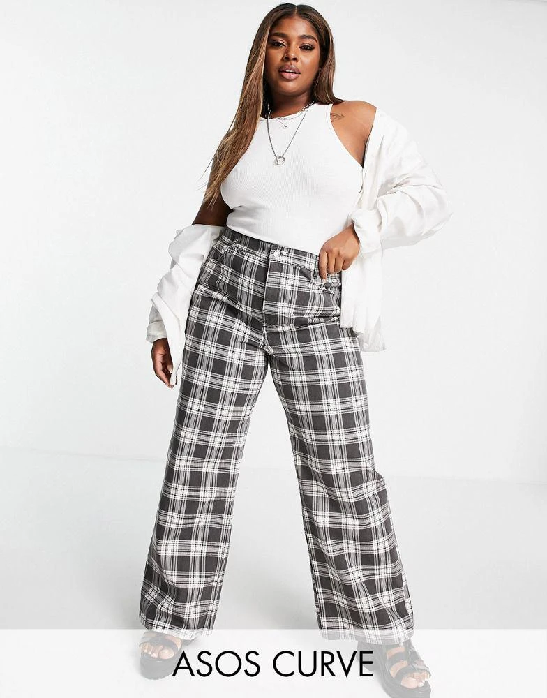 商品ASOS|ASOS DESIGN Curve high rise 'relaxed' dad jeans in washed check with elasticated back waist,价格¥217,第1张图片