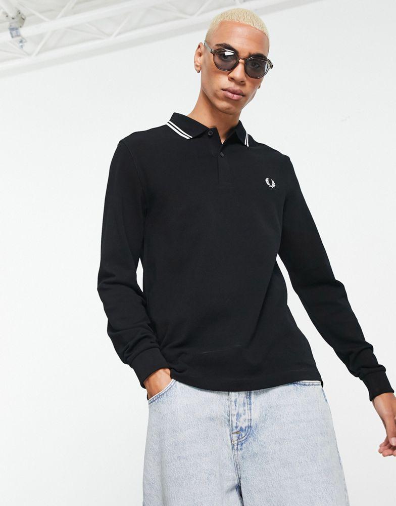 Fred Perry twin tipped long sleeve polo shirt in black商品第1张图片规格展示