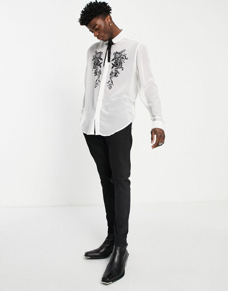ASOS DESIGN relaxed shirt with chest embroidery and tie neck商品第4张图片规格展示