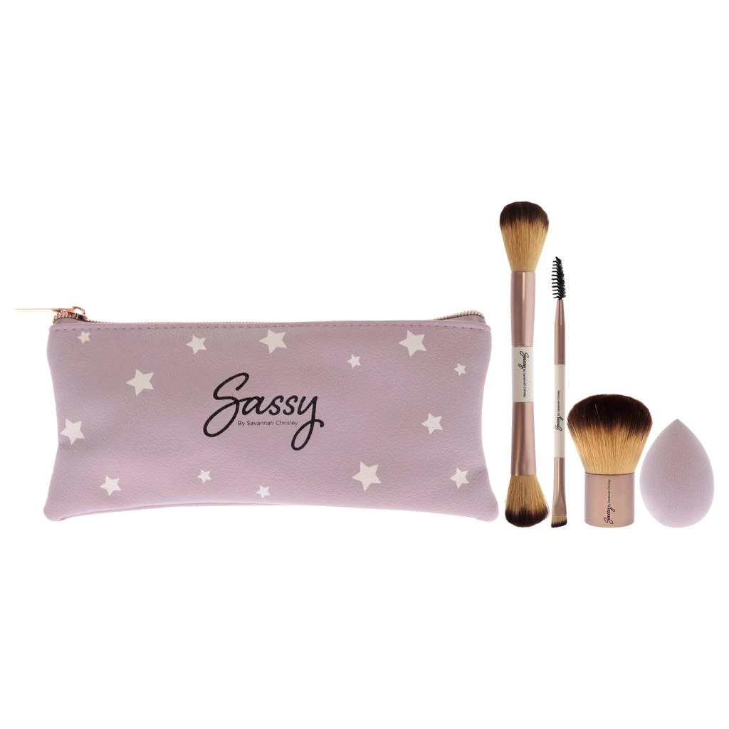 商品Sassy by Savannah Chrisley|Sassy Brush Kit by Savannah Chrisley for Women - 5 Pc Multi-Purpose Fase Brush - F04, Kabuki Brush - F05, Precision Eye and Brow Brush - E04, Sponge, Bag,价格¥186,第1张图片