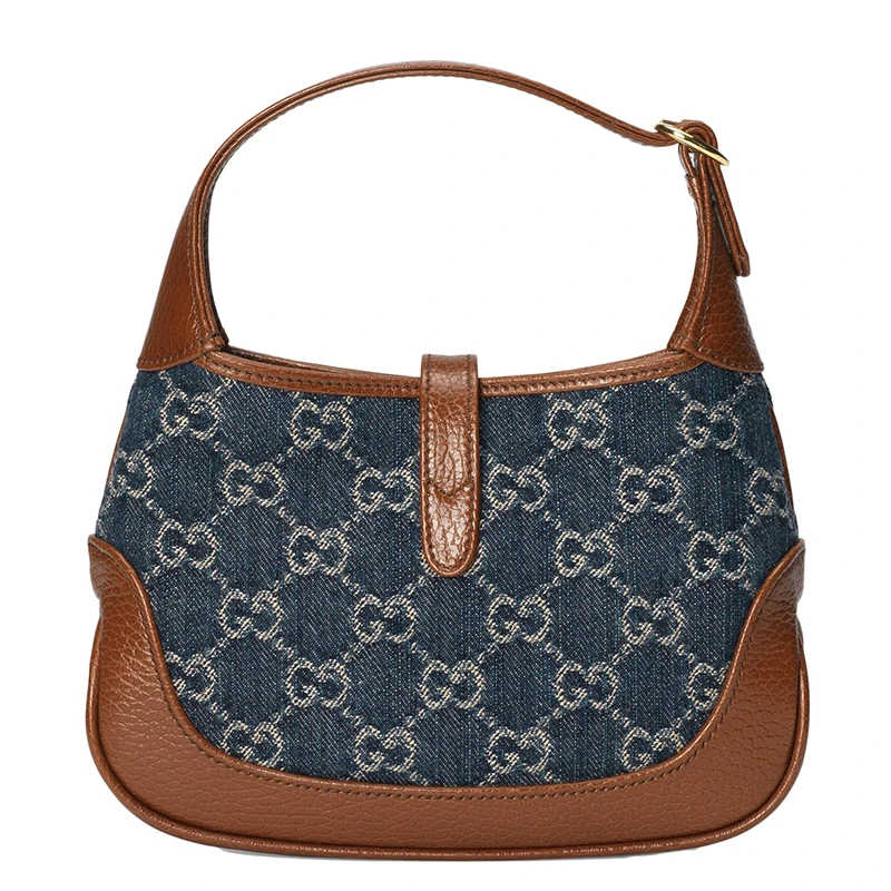 GUCCI/古驰 Jackie 1961系列 女士迷你双G深蓝色米色牛仔布棕色小牛皮金饰手提单肩包 商品