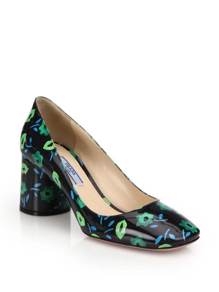 商品Prada|Flower-Print Patent Leather Block Heel Pumps,价格¥2248,第1张图片