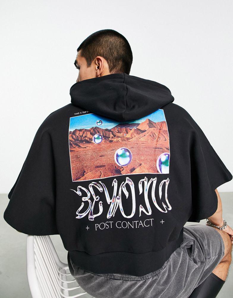 商品ASOS|ASOS DESIGN oversized cropped short sleeve hoodie in black with photographic back print,价格¥247,第1张图片