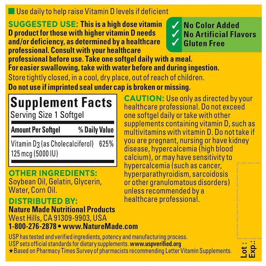 商品Nature Made|Extra Strength Vitamin D3 5000 IU (125 mcg) Softgels,价格¥193,第4张图片详细描述