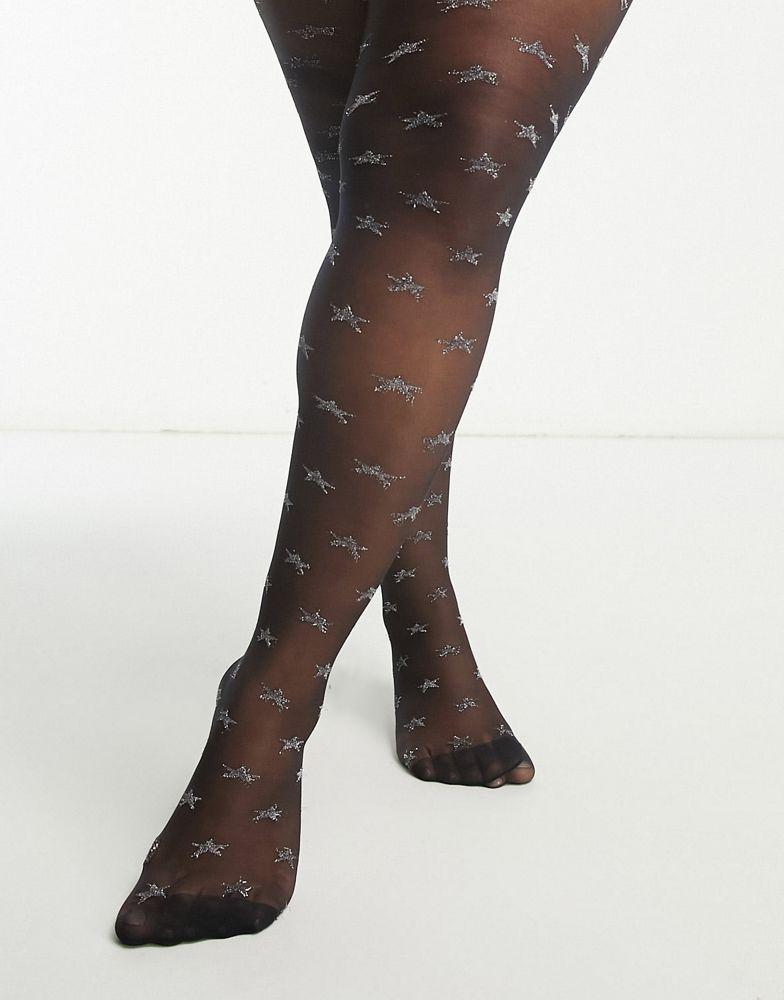 ASOS DESIGN Curve 30 denier glitter star tights in black and silver商品第1张图片规格展示