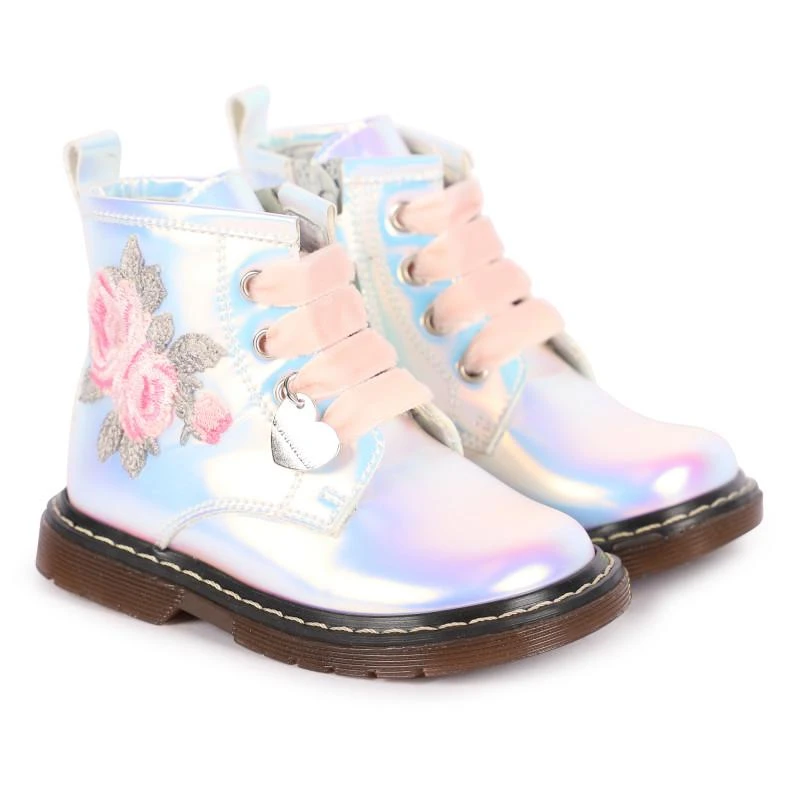 商品MONNALISA|Embroidered flowers iridescent boots in white and pink,价格¥935,第1张图片