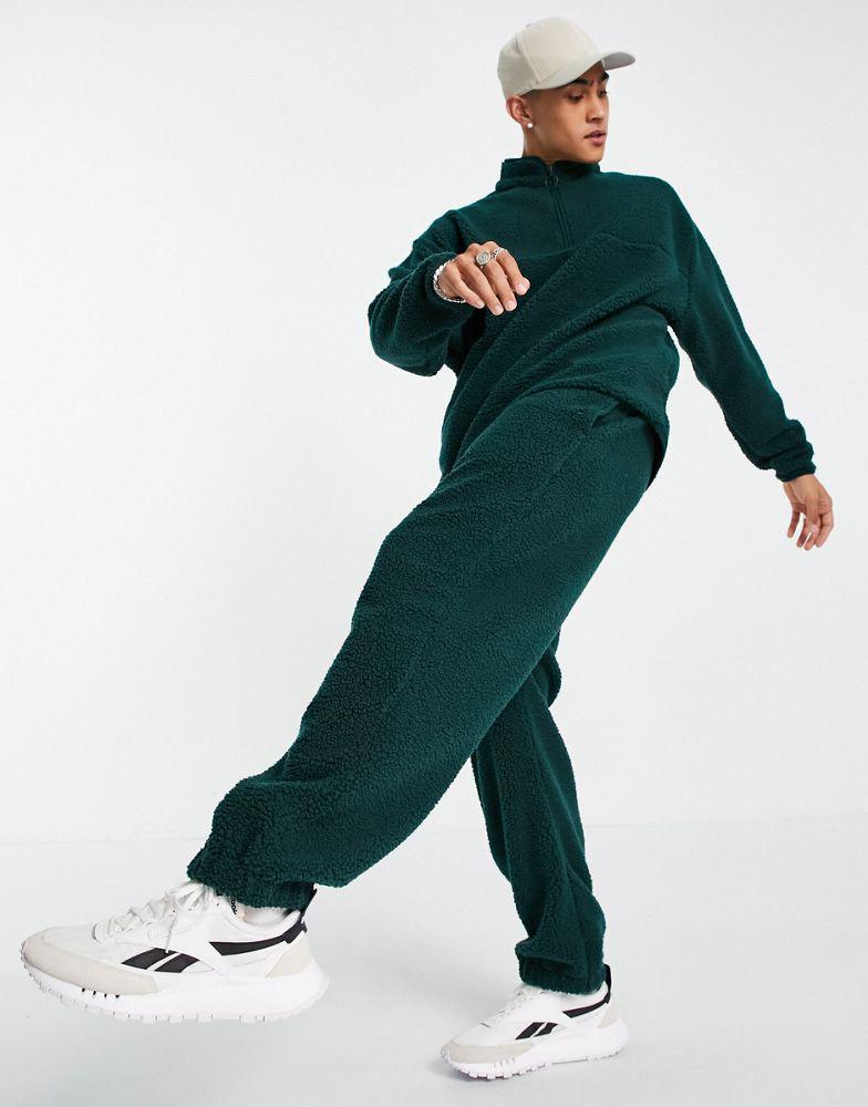商品ASOS|ASOS DESIGN co-ord oversized teddy borg half zip sweatshirt in dark green,价格¥163,第1张图片