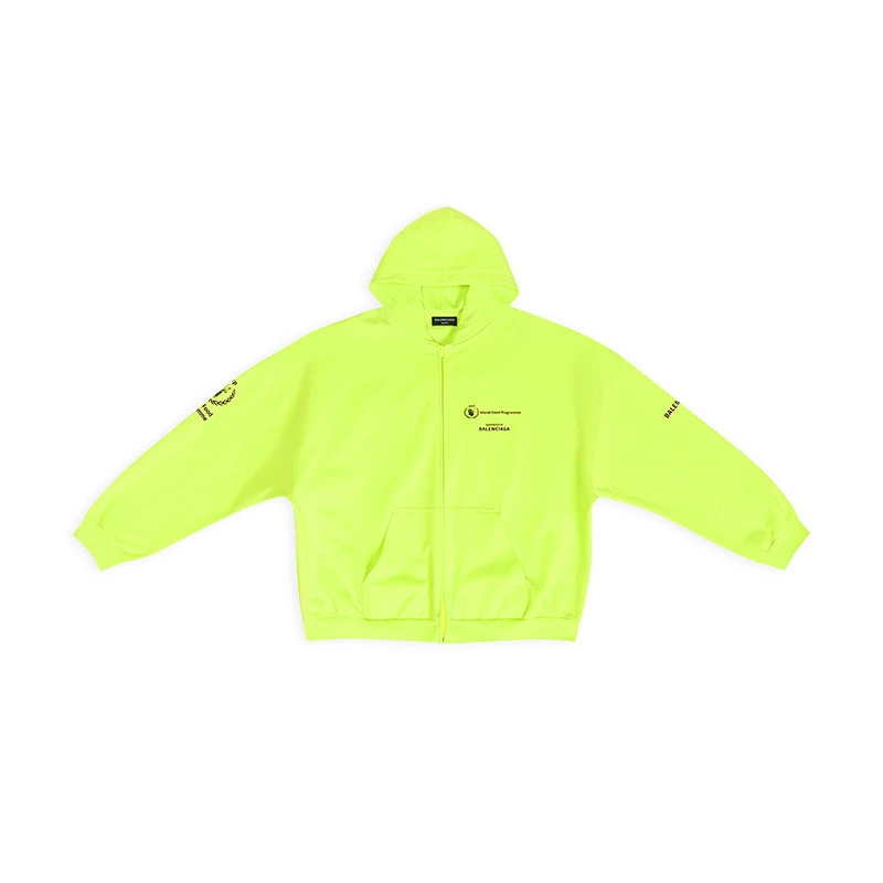 商品Balenciaga|【预售3-7天】Balenciaga/巴黎世家 22年秋冬新款 WFP系列 男士荧光黄色纯棉中重抓绒宽松拉链连帽卫衣外套674719TMVL17110,价格¥4558,第1张图片