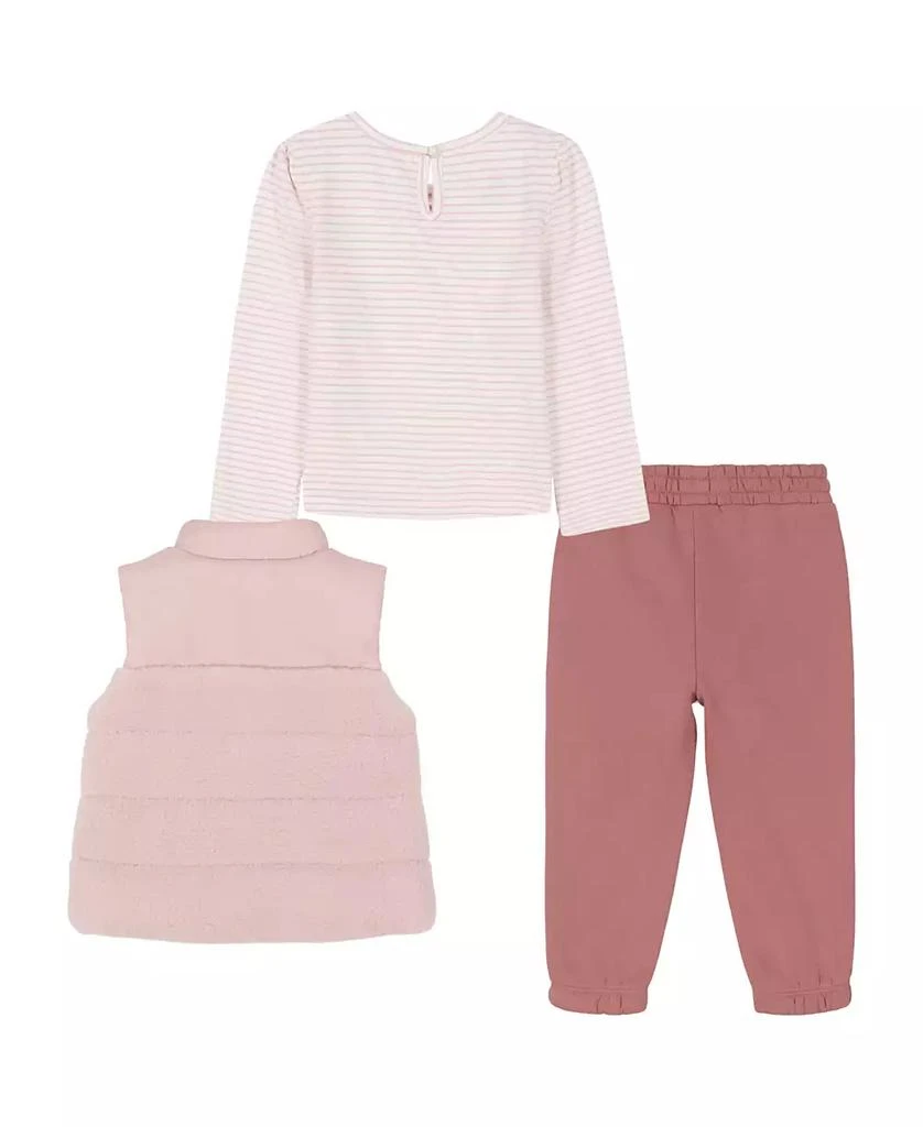 商品Calvin Klein|Toddler and Little Girls Fleece Berber Quilted Vest, Long Sleeve Striped Tee Fleece Joggers, 3-Piece Set,价格¥267,第2张图片详细描述