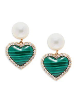 商品Effy|14K Yellow Gold, 7MM Round Freshwater Pearl, Malachite & Diamond Heart Drop Earrings,价格¥6295,第1张图片