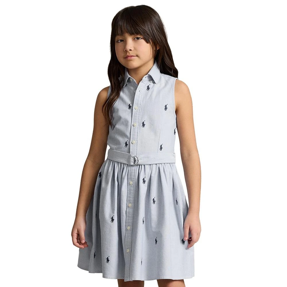 商品Ralph Lauren|Big Girls Belted Polo Pony Oxford Sleeveless Shirtdress,价格¥427,第1张图片