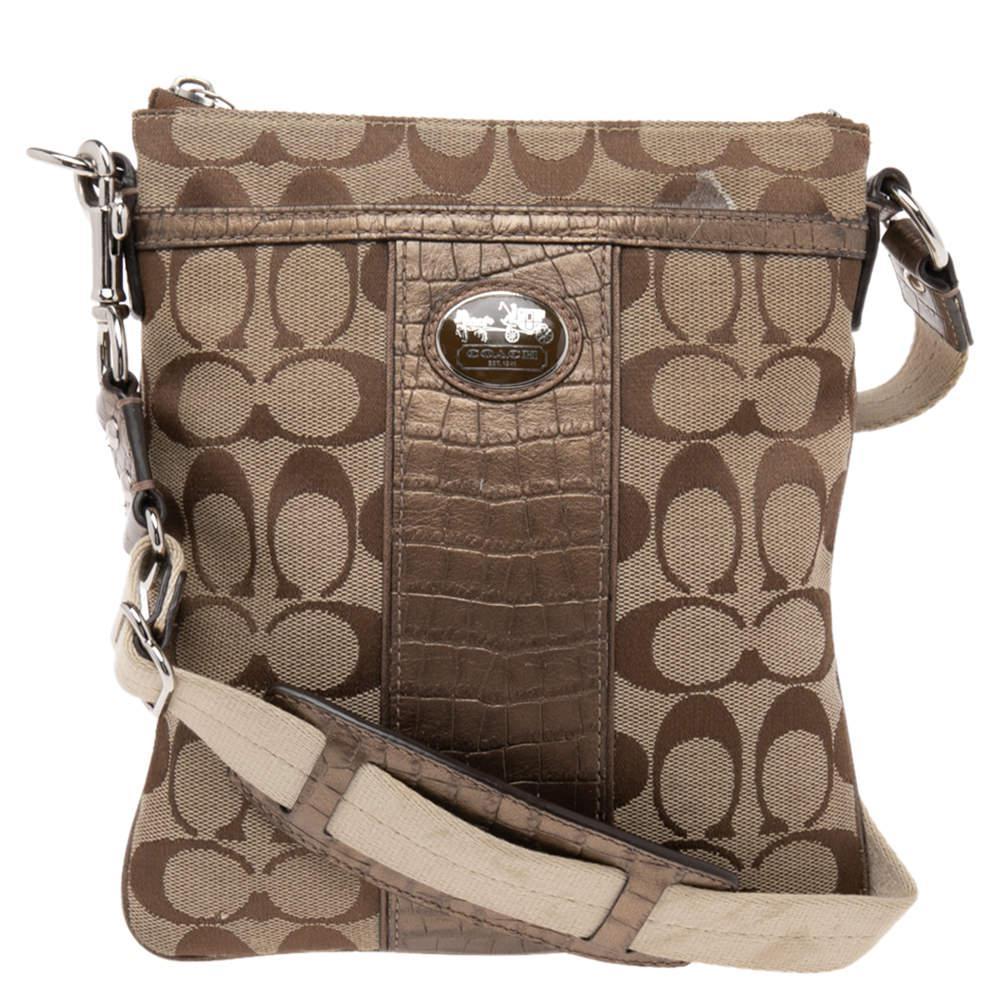 商品[二手商品] Coach|Coach Beige/Brown Signature Canvas and Croc Embossed Leather Swingpack Messenger Bag,价格¥770,第1张图片