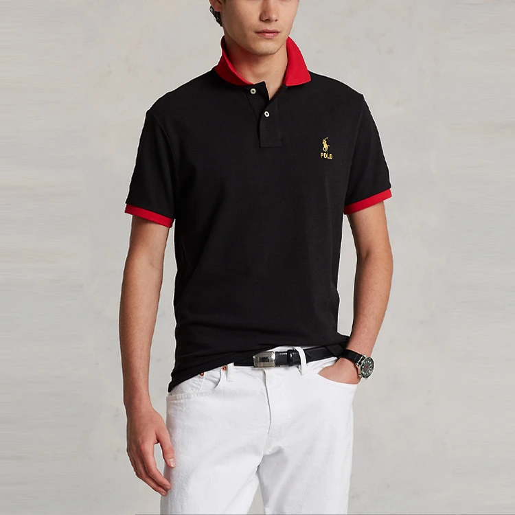 商品[国内直发] Ralph Lauren|SS23 条纹边饰Logo刺绣休闲短袖Polo衫 男款 黑色,价格¥781,第4张图片详细描述