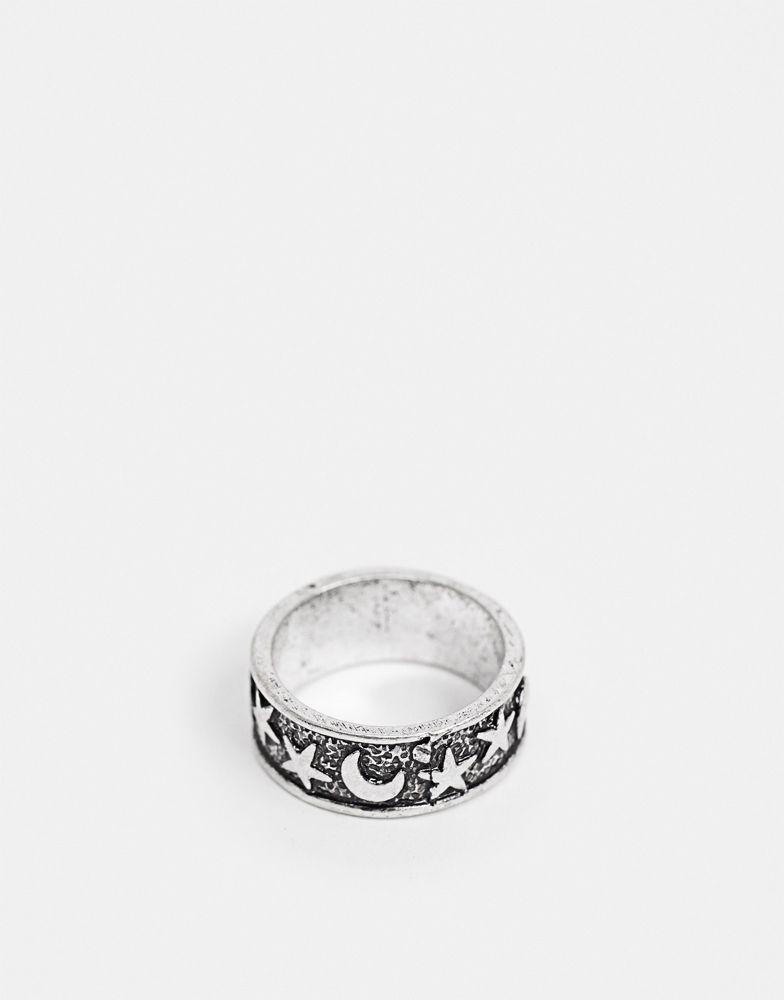 商品ASOS|ASOS DESIGN ring with star and moon detail in burnished silver tone,价格¥43,第1张图片