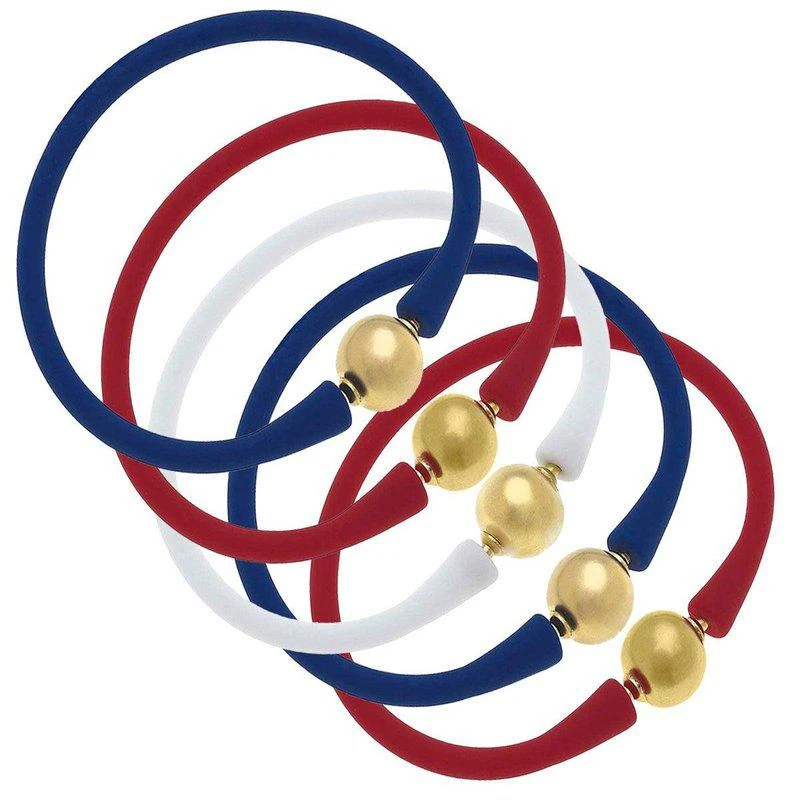 商品Canvas Style|Bali 24K Gold Silicone Bracelet Stack Of 5 Red, White & Royal Blue,价格¥952,第1张图片