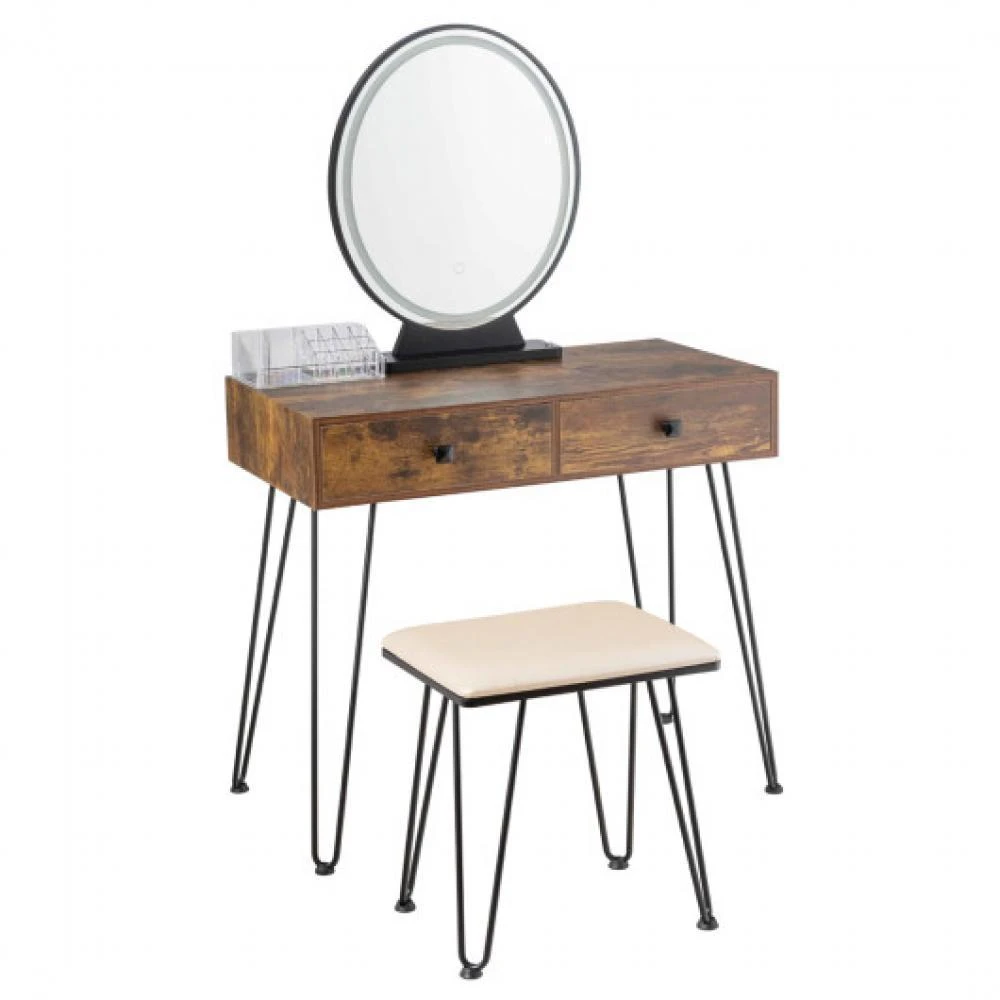 商品Hivvago|Industrial Makeup Dressing Table with 3 Lighting Modes-Rustic Brown,价格¥2539,第1张图片