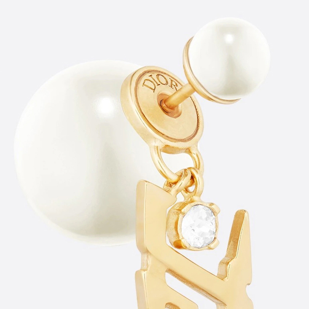 DIOR E1576TRIRS-D301 女士金色饰面金属和白色树脂珠饰搭配白色仿水晶装饰耳环商品第2张图片规格展示