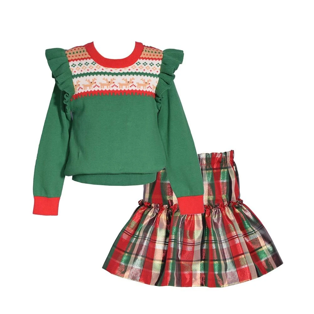 商品Bonnie Jean|Toddler Girls Long Sleeved Fair Isle Intarsia Sweater with Taffeta Plaid Skirt, 2 Piece Set,价格¥87,第1张图片