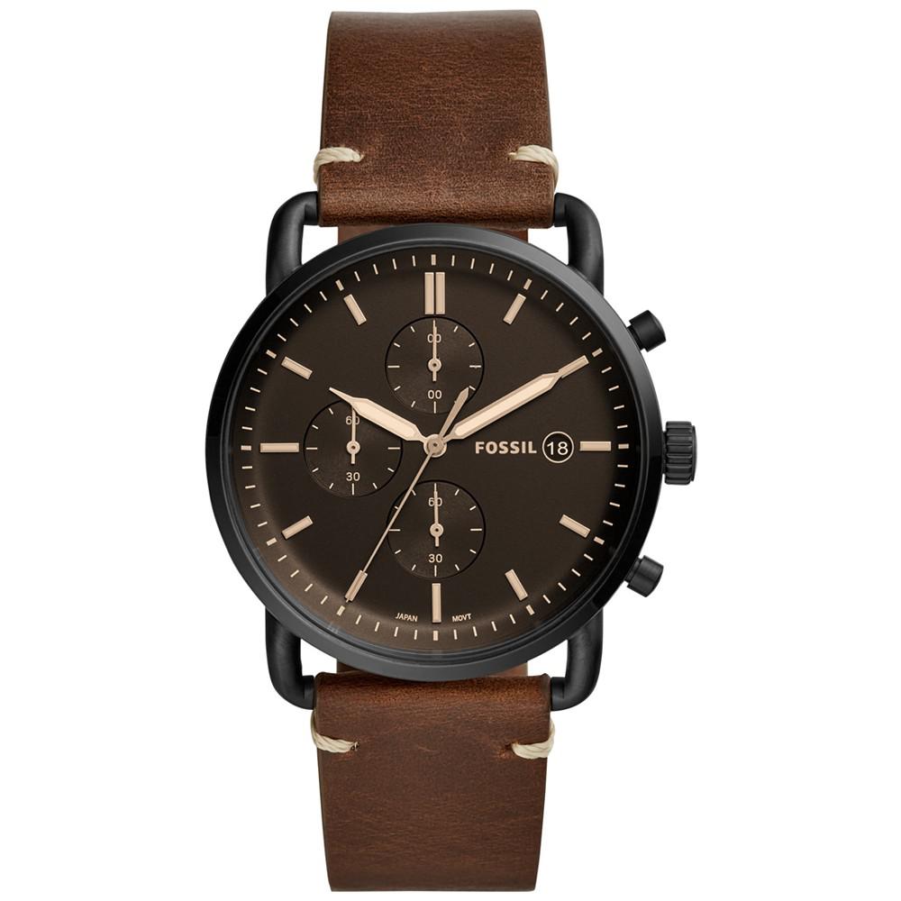 Men's Chronograph Commuter Brown Leather Strap Watch 42mm商品第1张图片规格展示