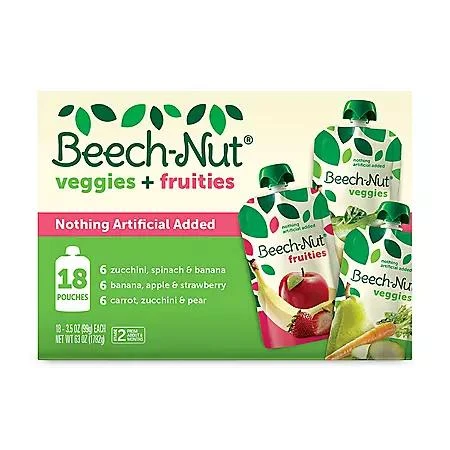 商品Beech-Nut|Beech-Nut Veggies and Fruities Stage 2 Baby Food, Variety Pack 3.5 oz. pouch, 18 ct.,价格¥153,第1张图片