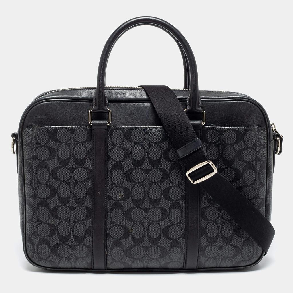 商品[二手商品] Coach|Coach Black Signature Coated Canvas and Leather Perry Slim Laptop Bag,价格¥2406,第1张图片