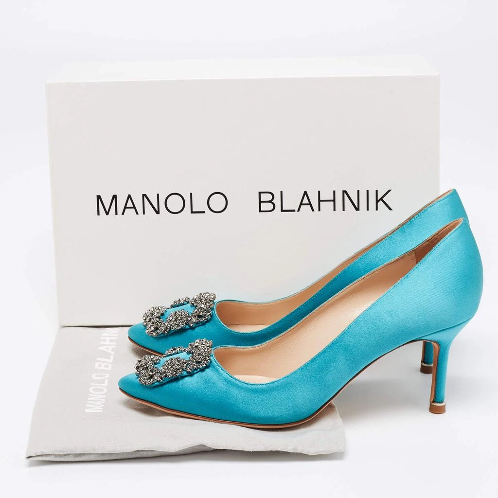 Manolo Blahnik Aqua Blue Satin Crystal Embellished Hangisi Pointed Toe Pumps Size 37.5 商品
