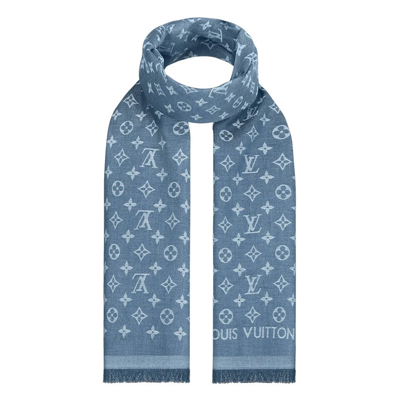 商品Louis Vuitton|预订款2-3周路易威登21年秋冬新款MONOGRAMESSENTIAL系列男士蓝色棉质老花围巾M71618,价格¥3476,第4张图片详细描述