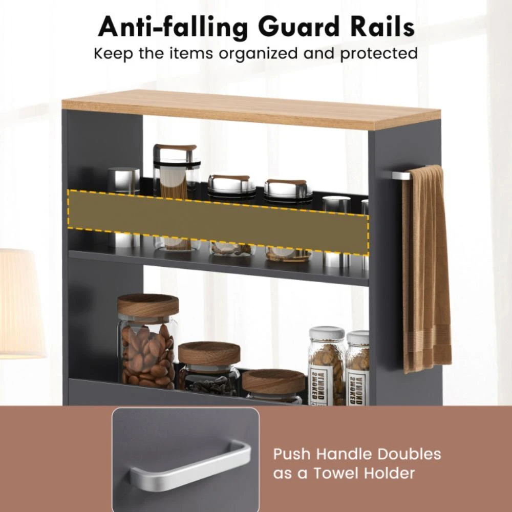 商品Hivvago|4-Tier Rolling Storage Cart Slim Kitchen Cart on Wheels with Open Shelves and Handle-Gray,价格¥614,第4张图片详细描述