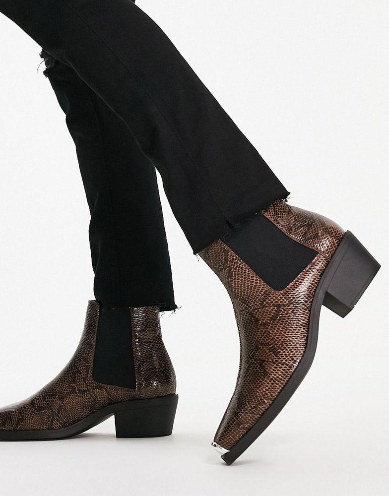 ASOS DESIGN cuban boot in faux snake print with toecap in brown商品第2张图片规格展示