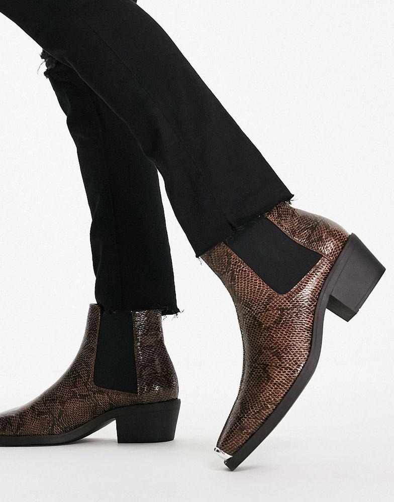 商品ASOS|ASOS DESIGN cuban boot in faux snake print with toecap in brown,价格¥307,第4张图片详细描述