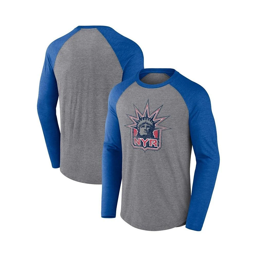 商品Fanatics|Men's Branded Heather Gray, Royal New York Rangers Special Edition 2.0 Long Sleeve Raglan T-shirt,价格¥288,第1张图片