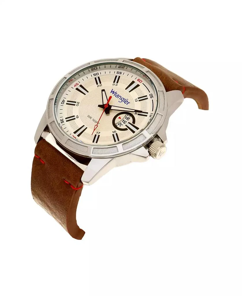 商品Wrangler|Men's Watch, 46MM Silver Colored Case with Cutout Bezel, Silver Milled Dial with White Index Markers, Analog. Red Second Hand and Cutout Crescent Date Function, Brown Strap with Red Accent,价格¥425,第2张图片详细描述