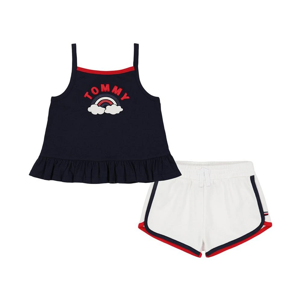 商品Tommy Hilfiger|Little Girls Jersey Ruffle Hem Babydoll and Contrast-Trim Terry Shorts, 2 Piece Set,价格¥164,第1张图片