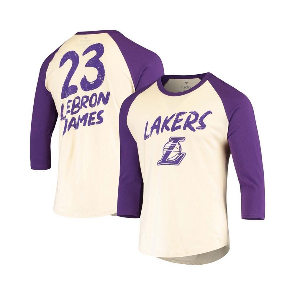 商品Fanatics|Men's LeBron James Cream and Purple Los Angeles Lakers Raglan 3/4 Sleeve T-shirt,价格¥299,第1张图片