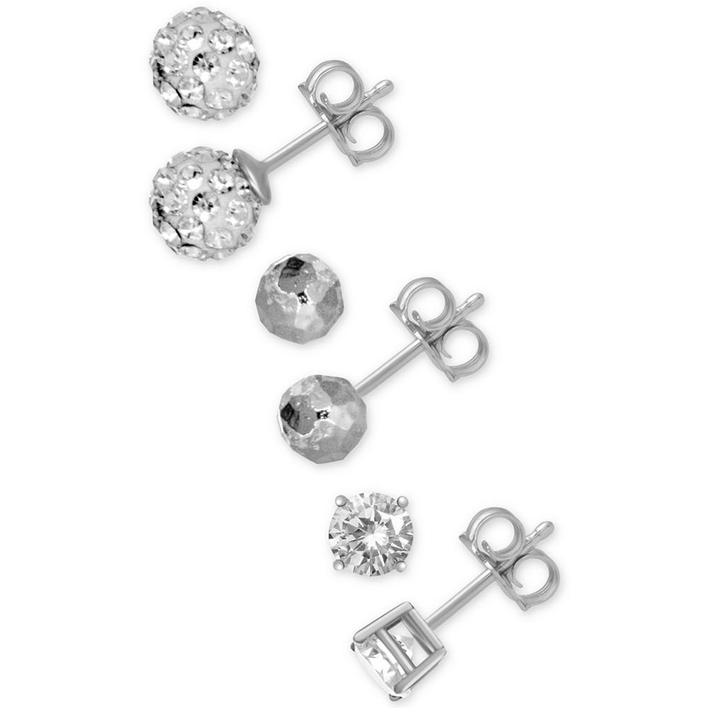 商品Essentials|3-Pc. Set Cubic Zirconia, Hammered-Look and Crystal Ball Stud Earrings in Silver-Plate,价格¥168,第1张图片