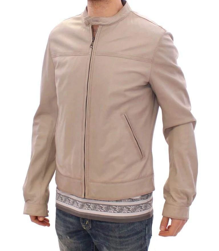 商品Dolce & Gabbana|Dolce & Gabbana  Beige Leather Jacket Biker Coat,价格¥8646,第2张图片详细描述