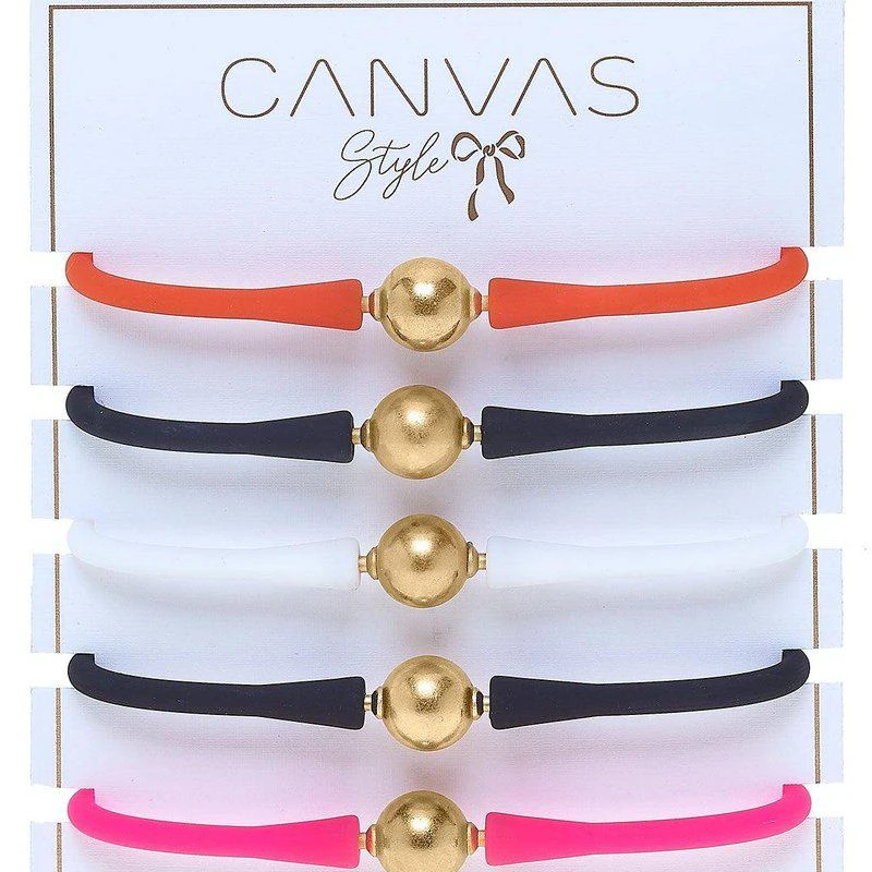 商品Canvas Style|Bali 24K Gold Silicone Bracelet Spinderella Stack Of 5 In Orange, Black, White & Neon Pink,价格¥952,第2张图片详细描述