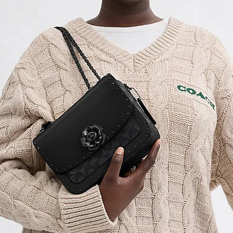 商品[国内直发] Coach|蔻驰 Madison 19 品牌徽标锁扣开合 牛皮革拼人造革 单肩斜挎包 小号 女款 黑色,价格¥3197,第6张图片详细描述